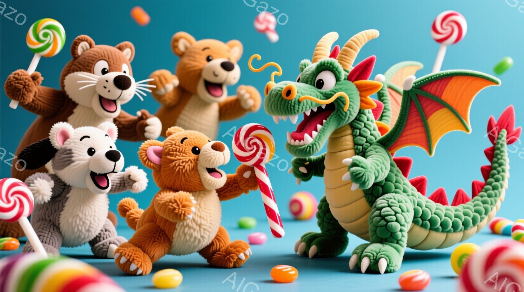 明るい青色の背景に、クマ、犬、緑色の竜、そして別のクマの４つの愛らしいキャラクターが描かれています。それぞれのキャラクターはキャンディを握っており、竜は大きく口を開けて楽しんでいる様子です。背景には様 - AI生成フリー素材