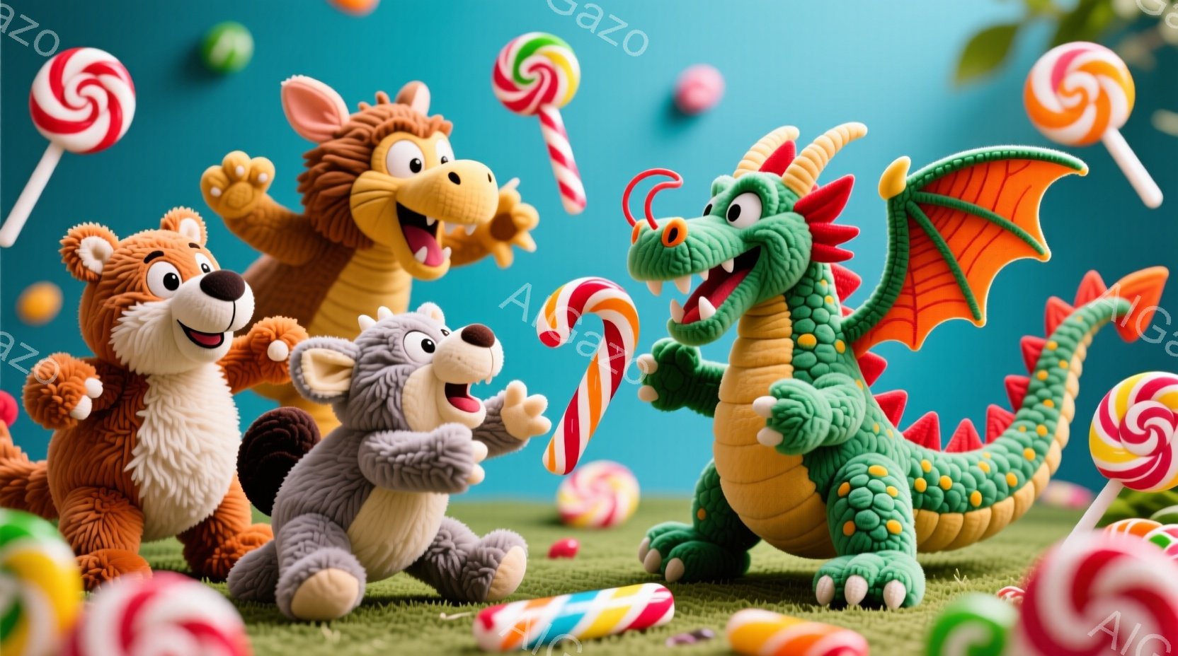鮮やかな緑の背景に、アニメ調の動物たちがキャンディに囲まれて楽しそうにポーズをとっています。茶色の毛並みのリス、灰色の毛並みのコアラ、緑色のドラゴンがそれぞれ異なる方向に手を伸ばし、まるでキャンディを取り合っているかのようです。全体的に明るく、遊び心に満ちた雰囲気で、背景には様々な色と形のキャンディが散りばめられています。