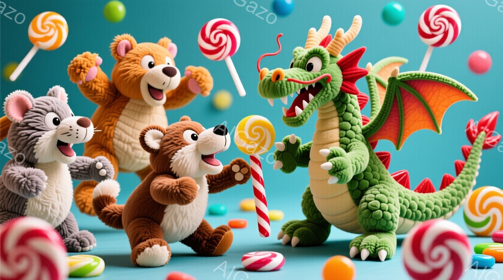 鮮やかなターコイズブルーの背景に、かわいらしい動物たちがキャンディに囲まれて描かれています。茶色のクマ、灰色のウサギ、緑色のドラゴンがそれぞれキャンディを持っており、楽しそうな表情でポーズをとっています。全体的に明るく陽気な雰囲気で、お菓子の世界のような楽しい空間が表現されています。