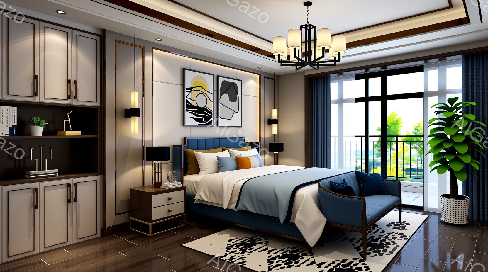 広々とした寝室は、モダンで洗練されたデザインが特徴です。青を基調としたベッドリネンがアクセントとなり、明るい木製のフローリングと調和しています。大きな窓からは緑豊かな風景が広がり、リラックスできる空間を作り出しています。