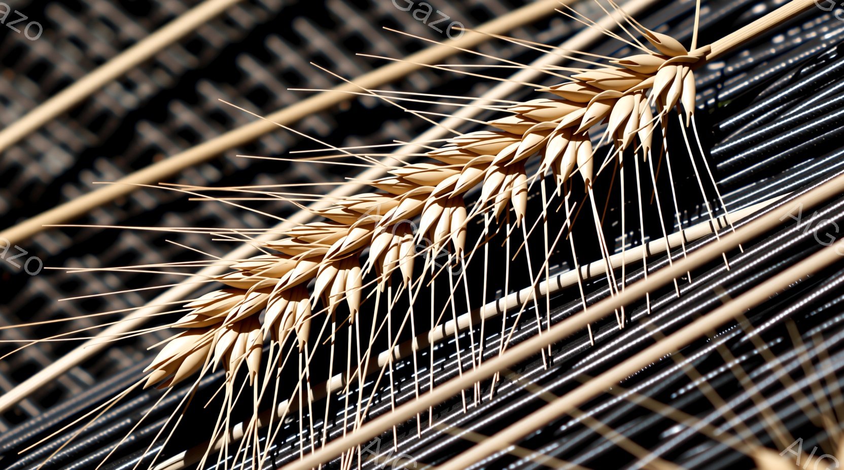 乾燥した小麦の穂をクローズアップしたものです。背景には、平行に並んだ暗い棒状の構造が、まるで農場の柵のように見え、穂を際立たせています。全体的に、暖かく素朴な雰囲気で、収穫の季節や自然の豊かさを感じさせます。