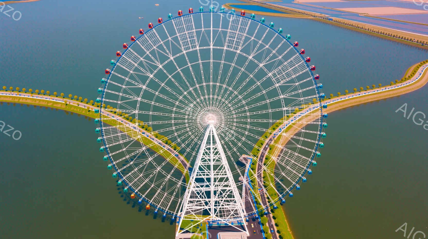 巨大な観覧車が緑色の水面に浮かぶ様子が捉えられています。白く輝く鉄骨構造と、カラフルなゴンドラが印象的で、水面を囲む緑の堤防と青空が背景に広がっています。全体的に穏やかで、平和な雰囲気が漂っています。