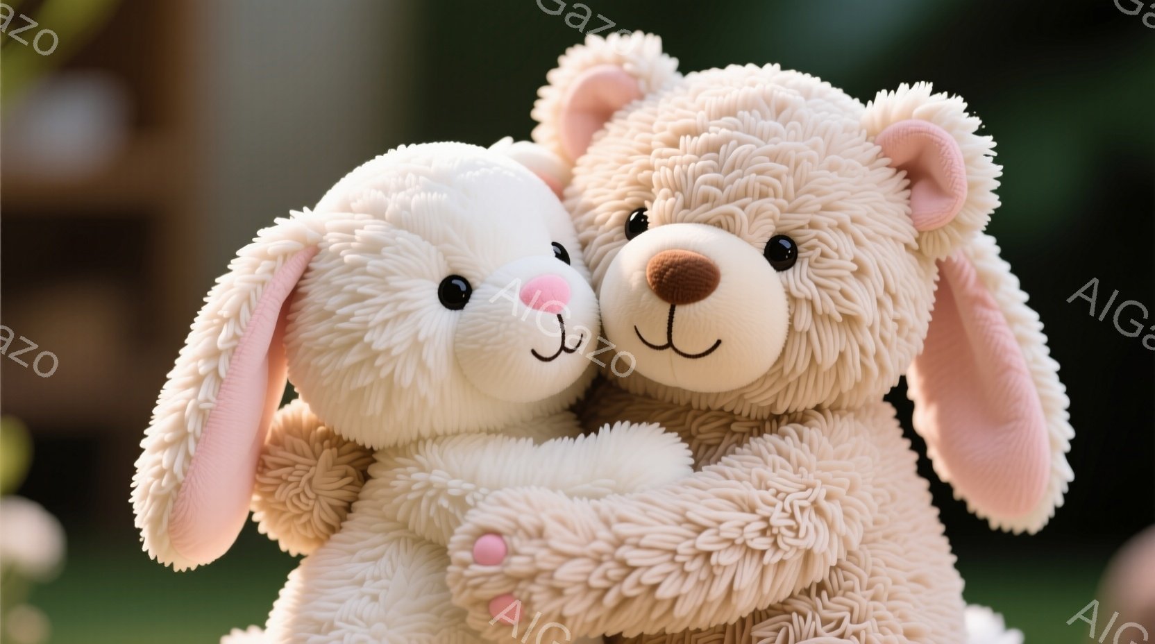 ふわふわのクリーム色のぬいぐるみ２匹が寄り添っている。一匹はクマ、もう一匹はうさぎで、どちらもピンク色の内耳と足裏が特徴的だ。背景は緑色の芝生で、暖かく優しい雰囲気を醸し出している。 - AI生成フリー素材