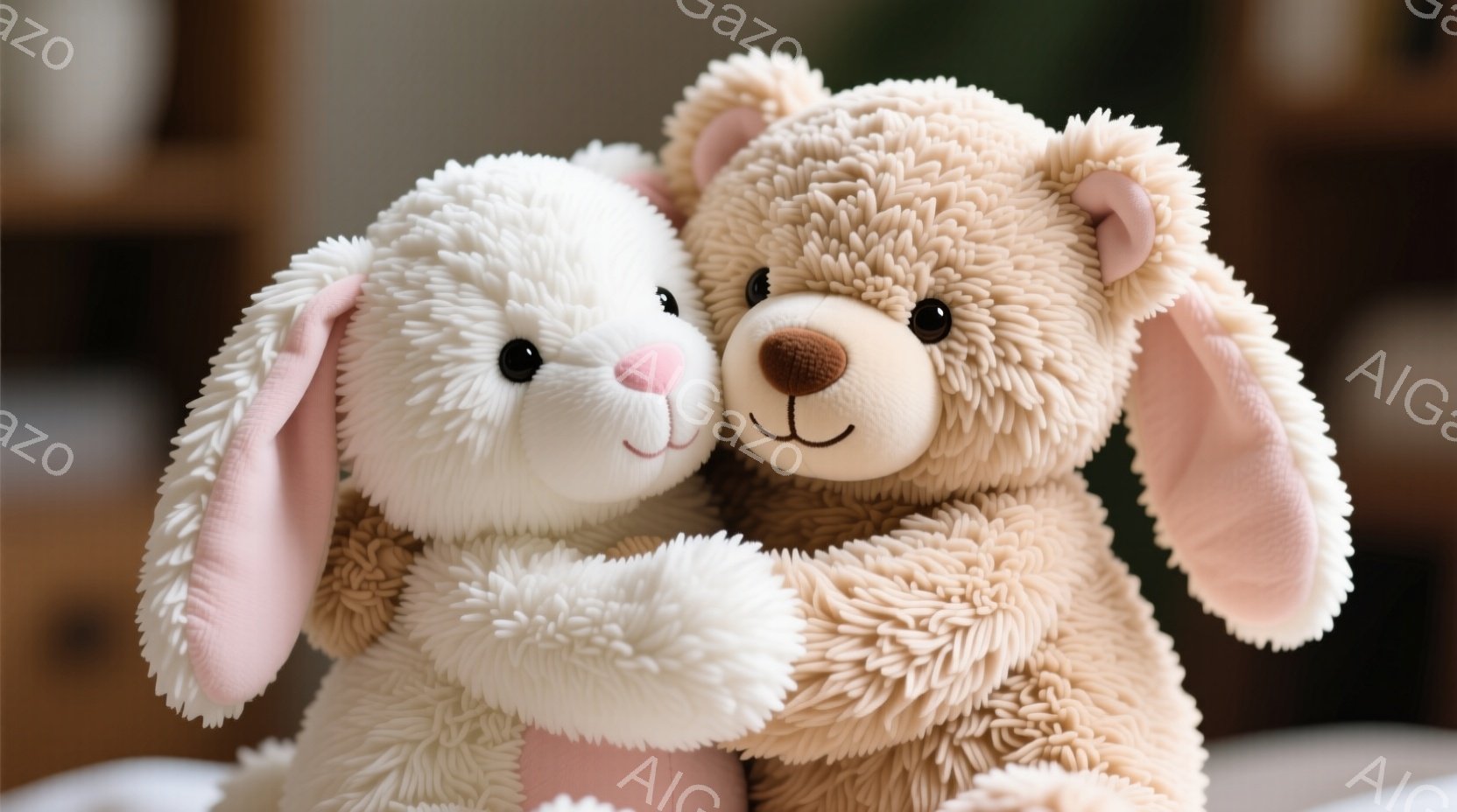 白いふわふわのウサギのぬいぐるみと、茶色のクマのぬいぐるみが寄り添って抱き合っています。二つのぬいぐるみは柔らかい質感で、穏やかで温かい雰囲気を醸し出しています。背景はぼやけており、白い布の上に置かれている様子から、室内で撮影された写真であることがわかります。
