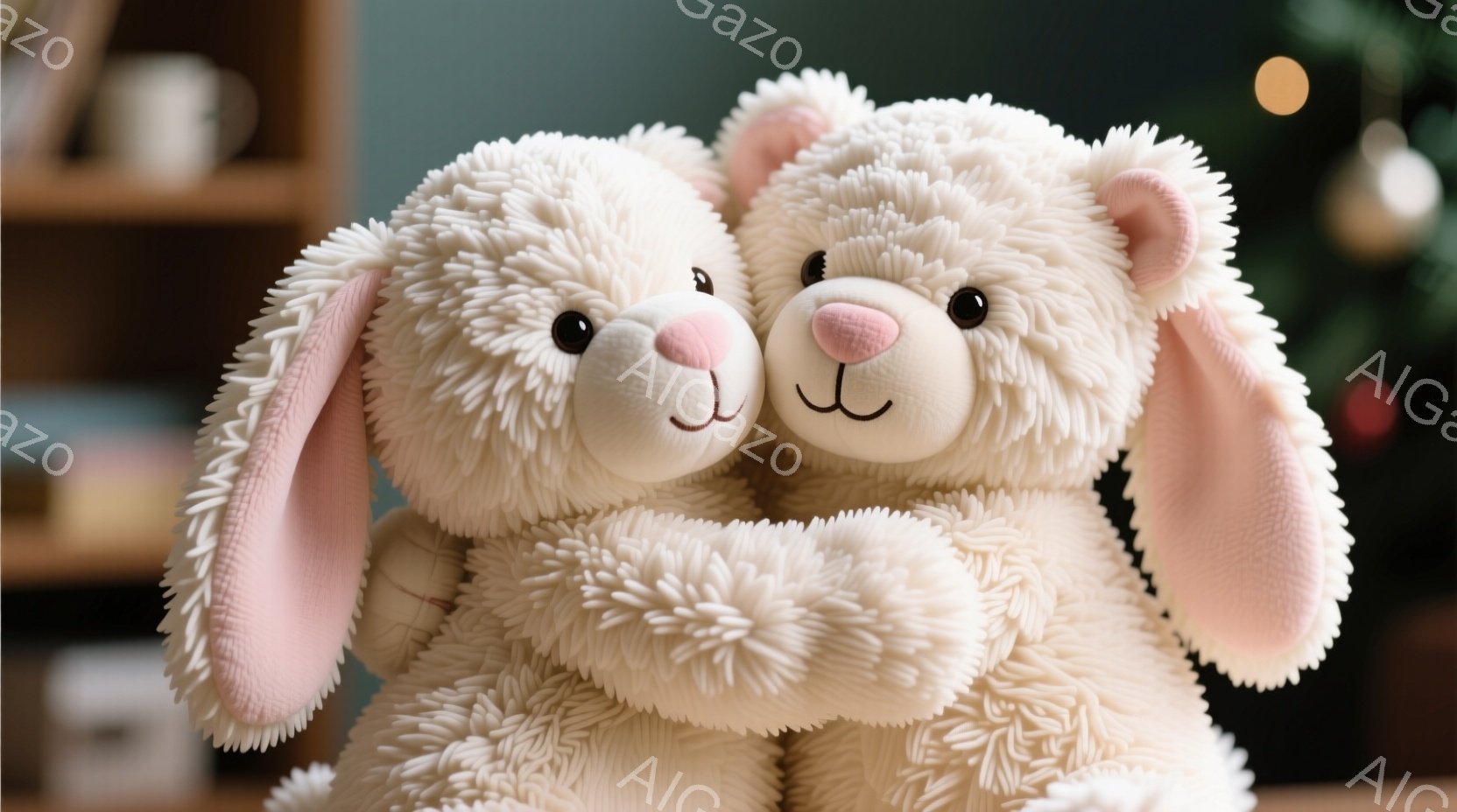 ふわふわとした白とピンクのぬいぐるみが寄り添っています。うさぎとクマのぬいぐるみは、優しい表情で互いに抱き合っており、温かい雰囲気を醸し出しています。背景にはぼやけた緑色の装飾とぼんやりとした光のぼか - AI生成フリー素材