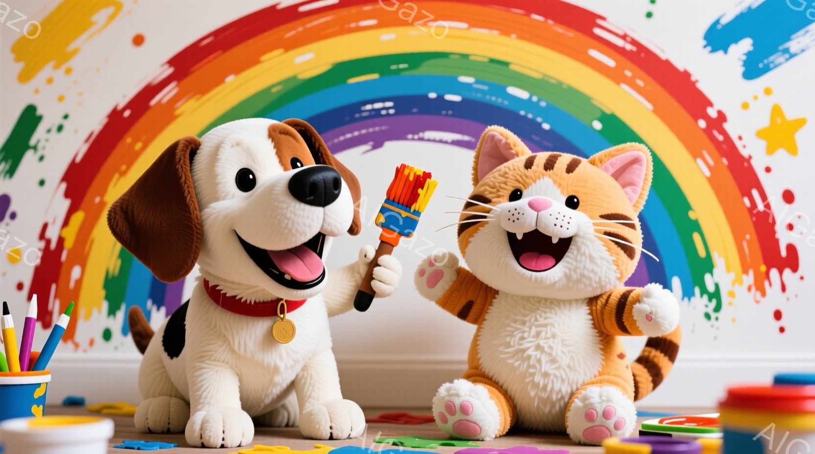 ディズニーチャンネルの「パイロット」シリーズからのプラモデルであり、人形が彩色の絵具を使って喜んでいる。ドッグとキャットは手に紙やペンを持っており、様々な種類の絵具と工具が表示されている。背景は、パイロットの色彩豊かな世界であり、全体的に楽しく、クリエイティブな雰囲気を感じさせる。