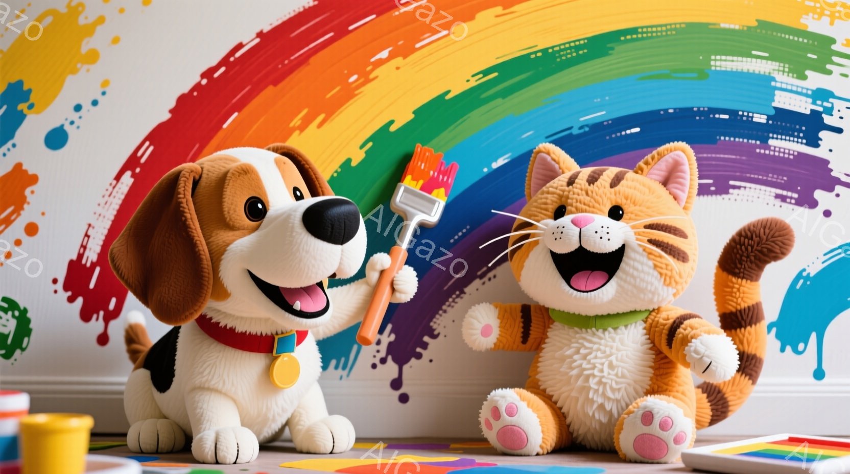 明るいオレンジ色の背景に、茶色の犬とオレンジ色の猫が寄り添って描かれています。犬は赤い首輪をつけ、片手に絵筆を持って楽しそうに微笑んでいます。猫は口を開けて笑い、リラックスした姿勢で、おもちゃのような - AI生成フリー素材