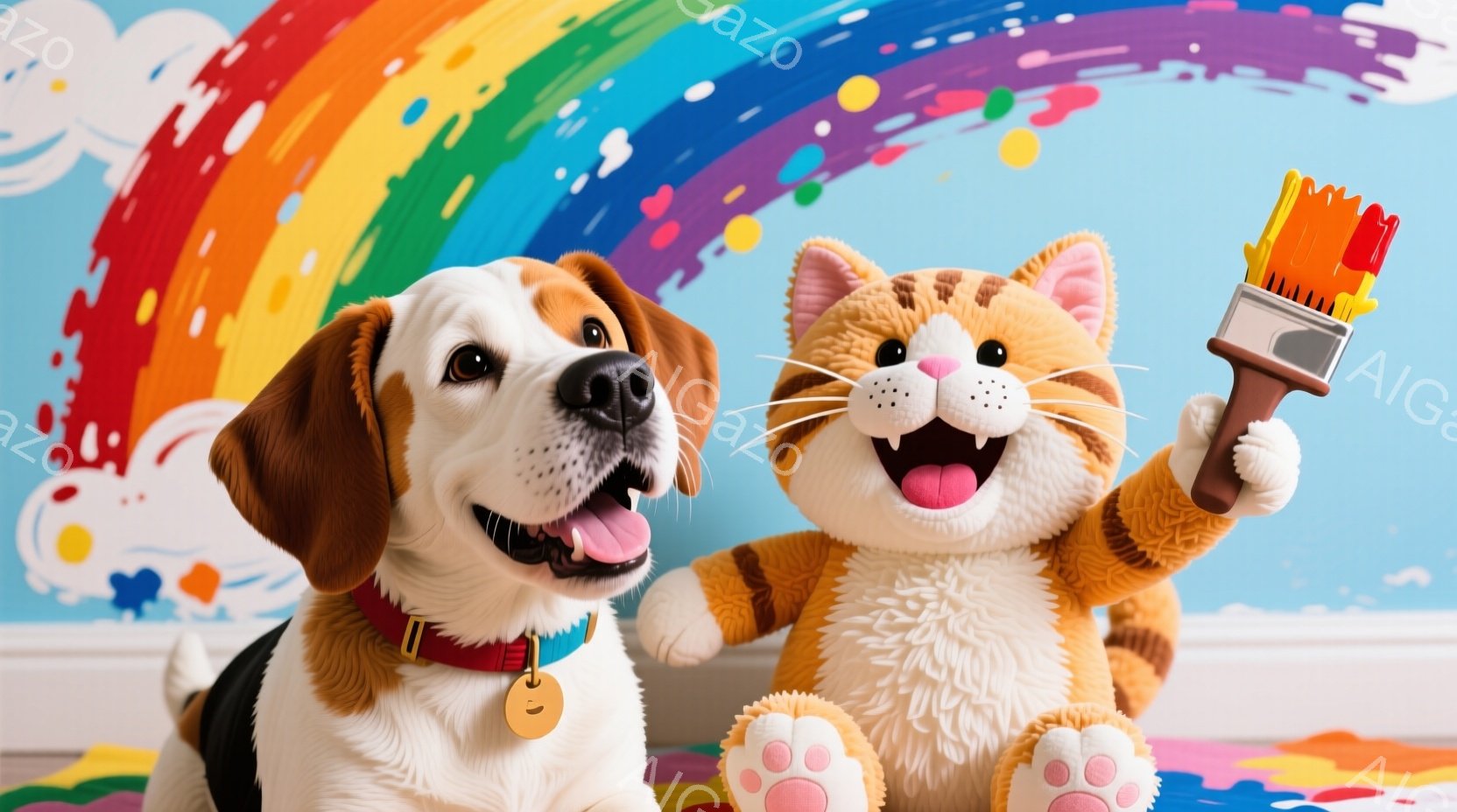 茶色と白の毛並みの犬が正面を見つめ、口を開けて舌を出しており、赤い首輪をしています。その隣には、オレンジ色の縞模様の猫のぬいぐるみがあり、大きな笑顔で片手に絵筆を持っています。背景には、水彩絵の具のパレットのようなカラフルな色使いの虹が描かれ、明るく楽しい雰囲気を醸し出しています。