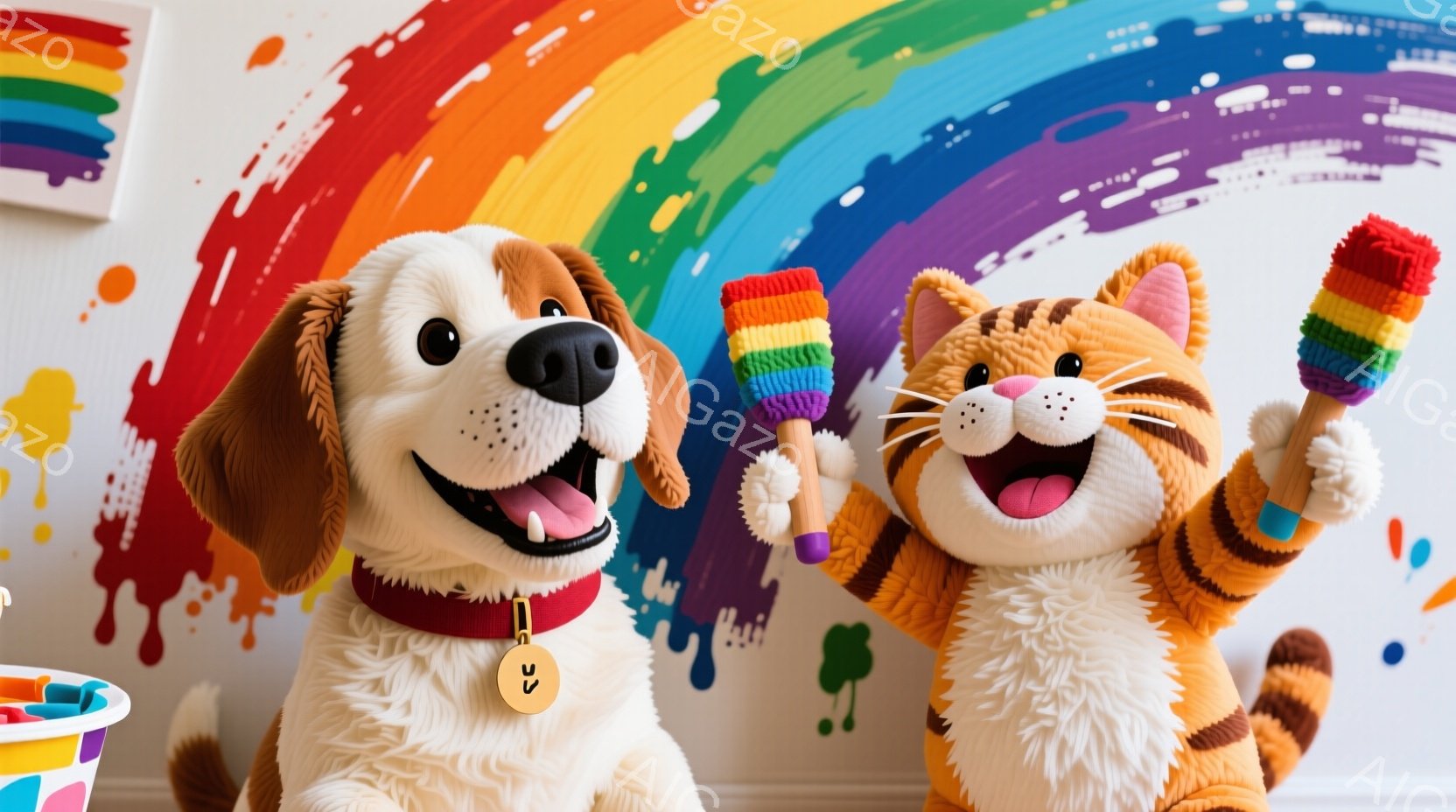 明るい背景に、茶色の犬とオレンジ色の猫が描かれています。犬は赤い首輪をつけ、嬉しそうに微笑んでいます。猫は虹色のポンポンを手に持ち、陽気に腕を上げています。