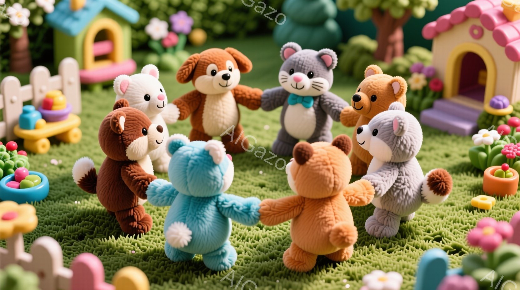 柔らかいパステルカラーの動物たちが手をつないで輪になって立っています。背景には、カラフルな花や小さな家々が点在する、緑豊かな芝生が広がっています。全体的に暖かく、遊び心に満ちた、夢のような雰囲気が漂っています。
