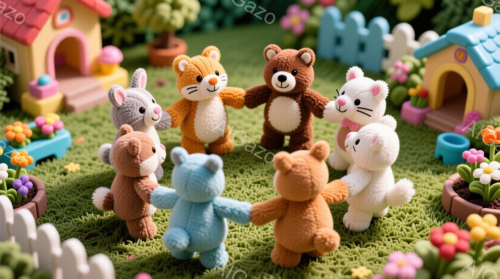 鮮やかな緑の芝生の上で、様々な動物のぬいぐるみたちが手をつないで輪になっている。背景には、可愛らしいデザインの小さな家々や花壇があり、暖かく優しい雰囲気を醸し出している。ぬいぐるみたちは皆、楽しそうな表情で、まるでパーティーを楽しんでいるかのようだ。