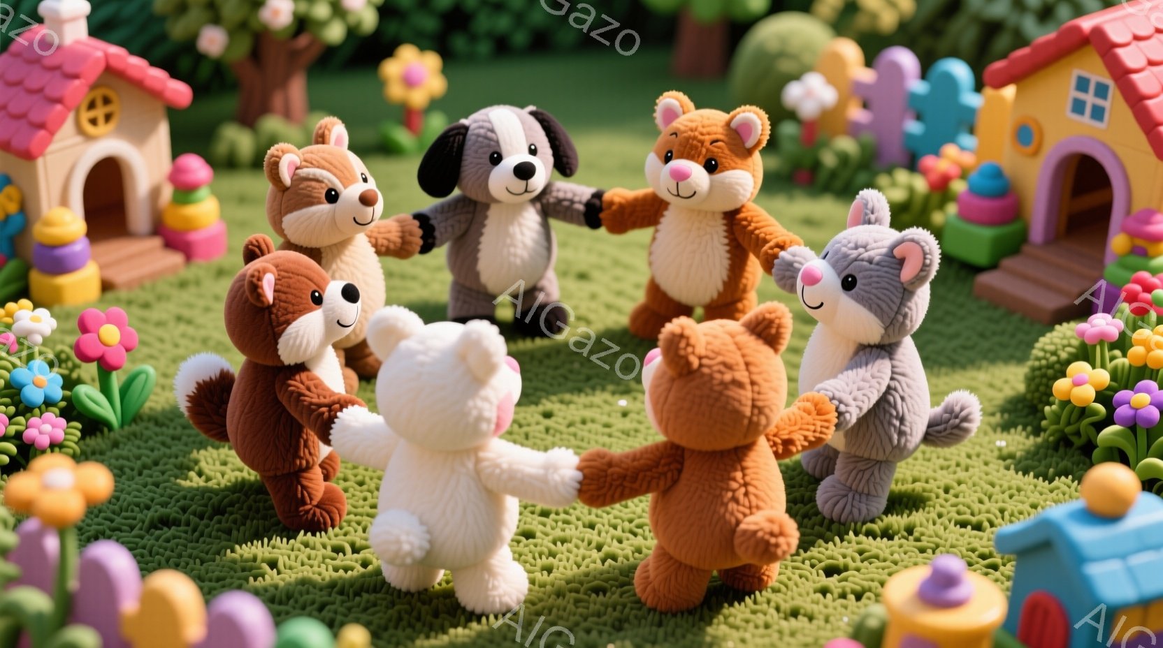 可愛らしい動物たちが手をつないで輪になっている様子が描かれています。背景にはカラフルなプラスチック製の家や花が咲き乱れる緑の芝生があり、明るく楽しい雰囲気を醸し出しています。動物たちはそれぞれ茶色、白、黒、オレンジ色の毛並みで、丸い目と優しい表情をしています。