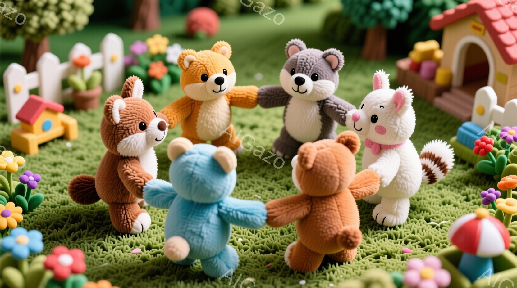 ミニチュアのようなディプレクションと思われるもので、多数のキャラクターが集まっています。主に、ある種の小型のスティック人形とその類似品が描かれており、彼らは自然の中でグループで手をつないでいます。背景には、ミニチュア的な建物や自然のシーンが見られます。温かく、友好的な雰囲気が感じられる画像と言えるでしょう。