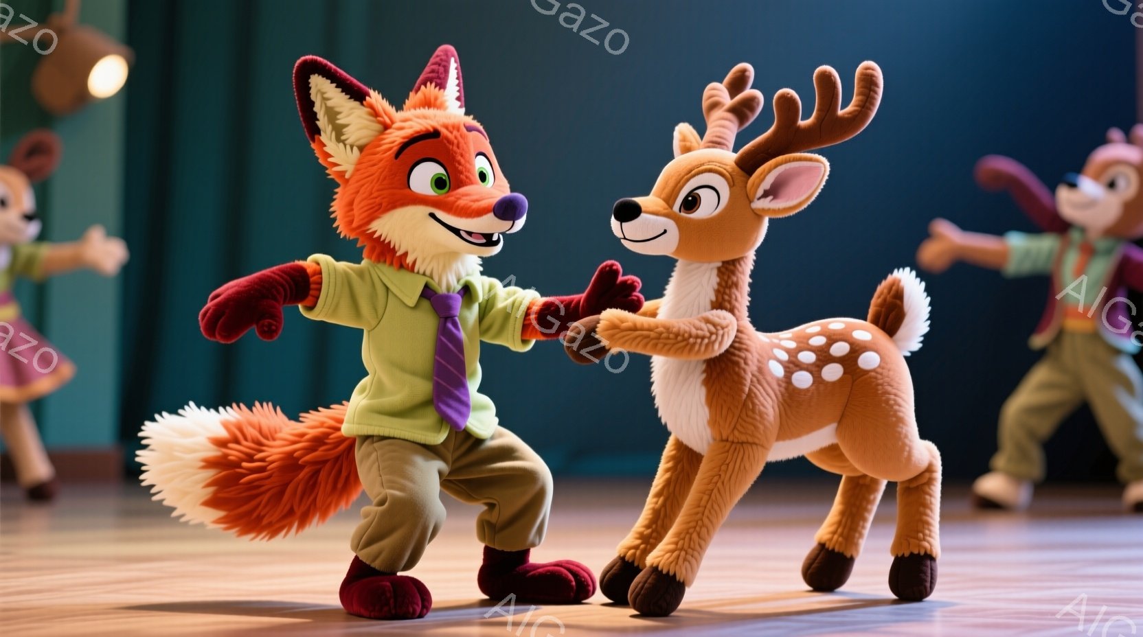 オレンジ色のキツネと茶色のシカが、ステージ上で向かい合って踊っている。キツネは緑色のシャツに紫色のネクタイ、茶色のズボンに赤い靴を履いており、笑顔でシカと手をつないでいる。背景には、ほのかな光の中で踊 - AI生成フリー素材