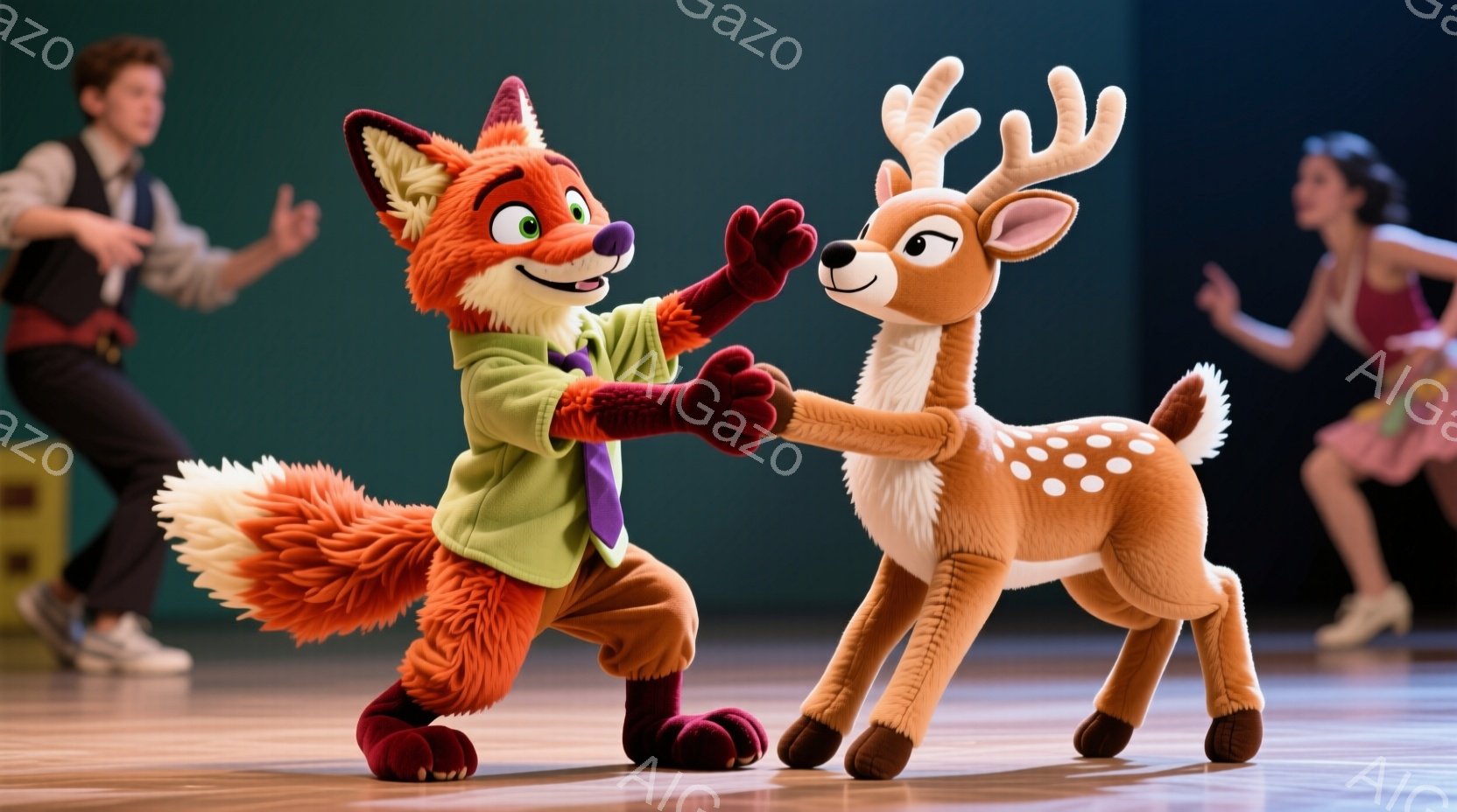 明るい木製の床の上で、キツネのキャラクターとシカのキャラクターが手を繋いで踊っています。キツネは緑色のセーターとズボンを着用し、シカは茶色で白斑模様の毛並みをしています。背景にはぼやけた人物たちがおり、まるで舞台のような空間で楽しげな雰囲気が漂っています。