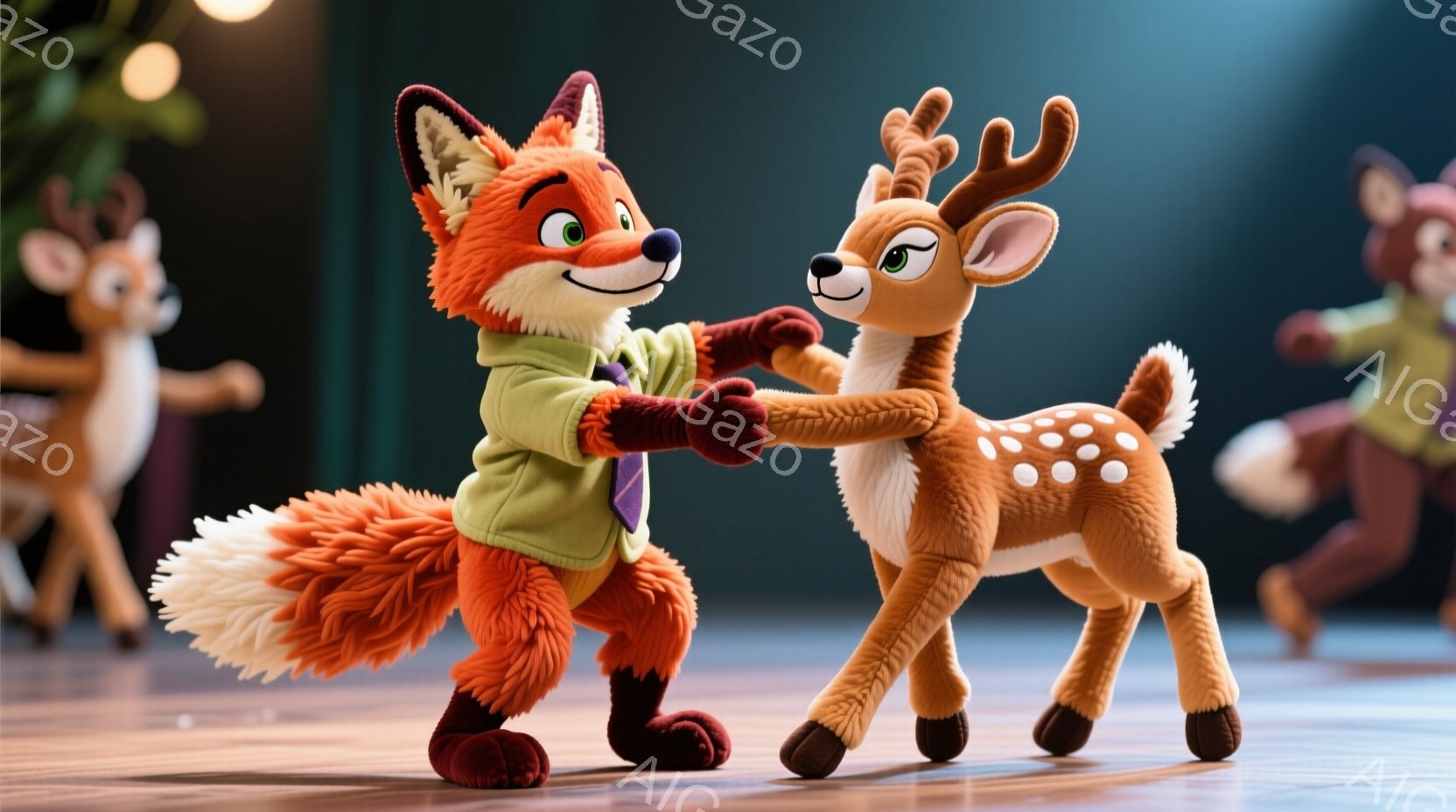 キツネとシカがダンスフロアで手をつないで踊っています。キツネは緑のセーターとネクタイを着ており、シカは明るい茶色の毛並みで、楽しそうな表情をしています。背景には他の動物たちが踊っており、暖かい照明が室内を照らし、陽気で楽しい雰囲気を醸し出しています。