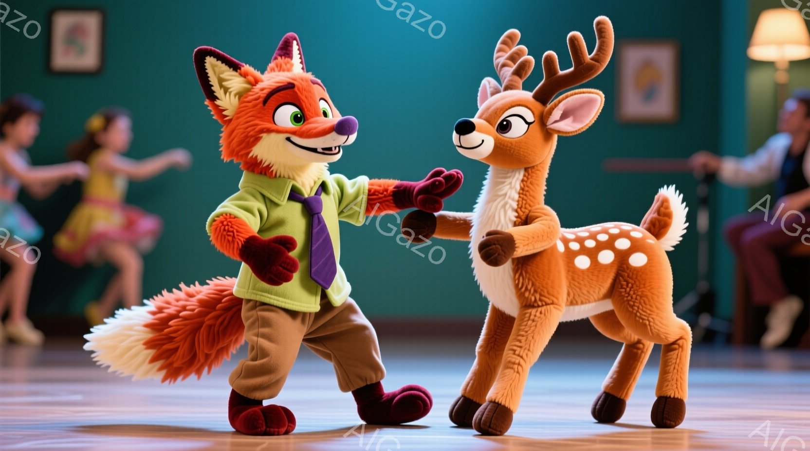 オレンジ色のキツネと茶色のシカが、楽しそうにダンスフロアで向き合っている。キツネは緑色のシャツに茶色のズボンを着用し、シカは斑点模様の体を持ち、二匹とも笑顔で楽しげな表情をしている。背景には、ダンスを楽しむ人々がぼんやりと見え、全体的に暖かく陽気な雰囲気が漂っている。