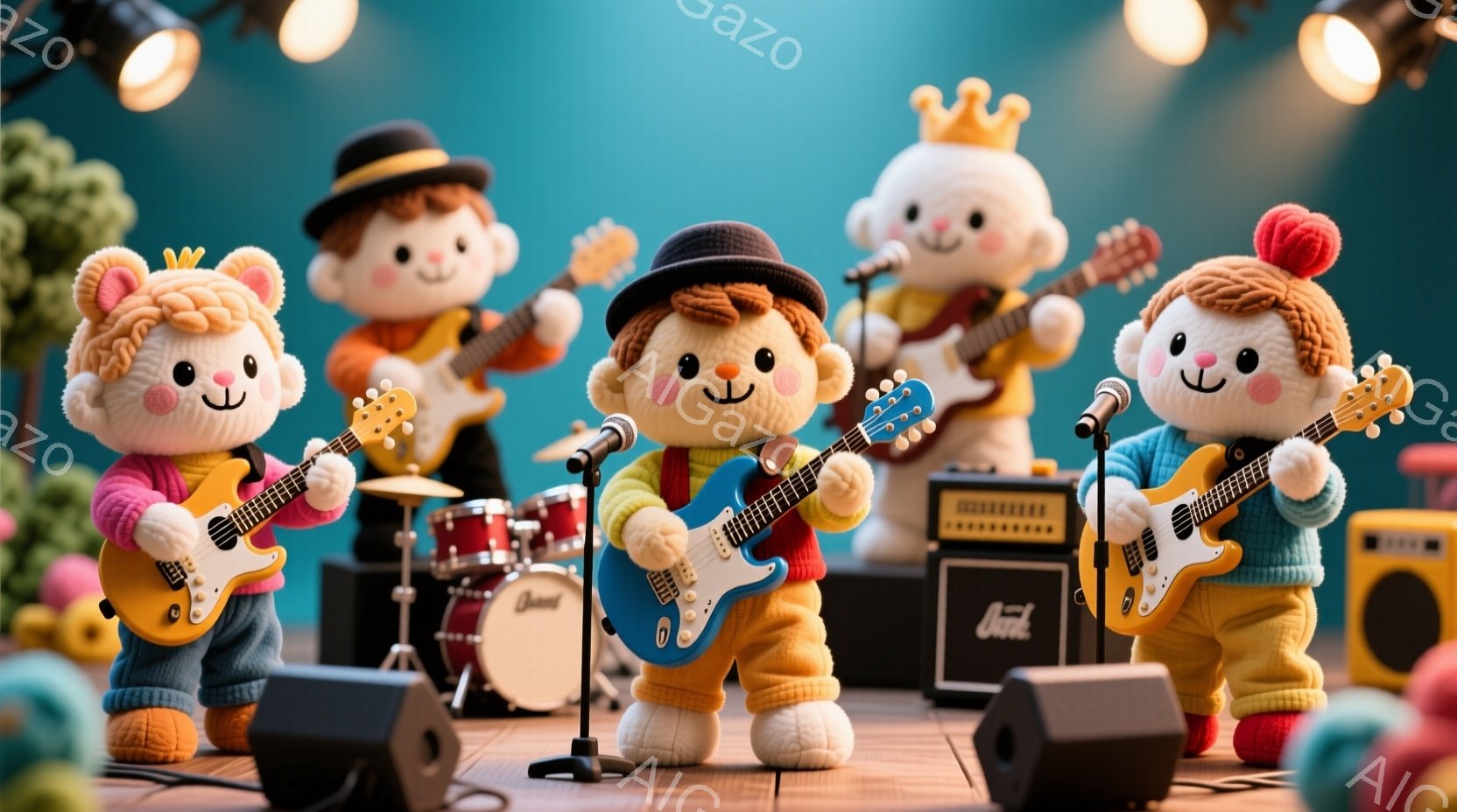 ぬいぐるみのような４人のキャラクターが、ステージ上で楽器を演奏しています。それぞれカラフルなセーターとズボンを身につけ、頭には帽子やボンネットをかぶっており、表情は楽しげです。ステージにはドラムセット - AI生成フリー素材