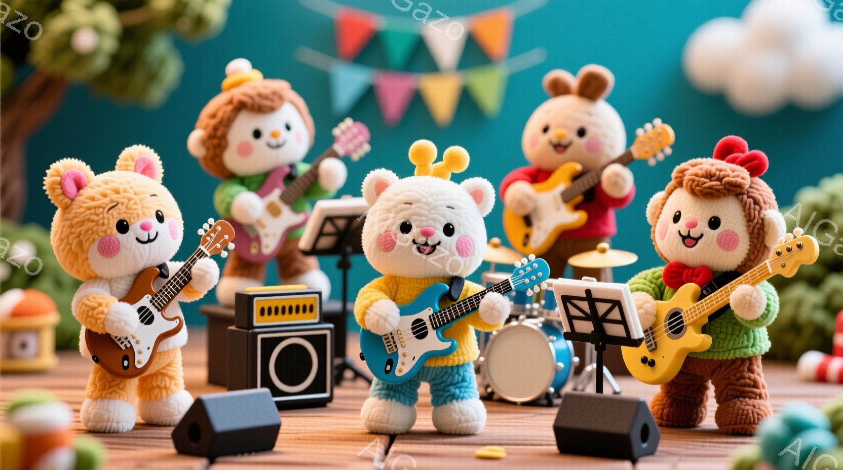 スタンドアップ・ミキーマウスとその友達が集まってバンドを結成している様子を表現したものです。全員が楽器を持ち、互いに踊りながら音楽を楽しんでいます。それぞれのキャラクターは独自の服装と髪型をしており、表情やポジションによって個性を示しています。背景は明るく楽しげな雰囲気で、雲が描かれており、天気予報のようなものだと思われます。総体的に、楽観的で元気な印象を与える作品です。