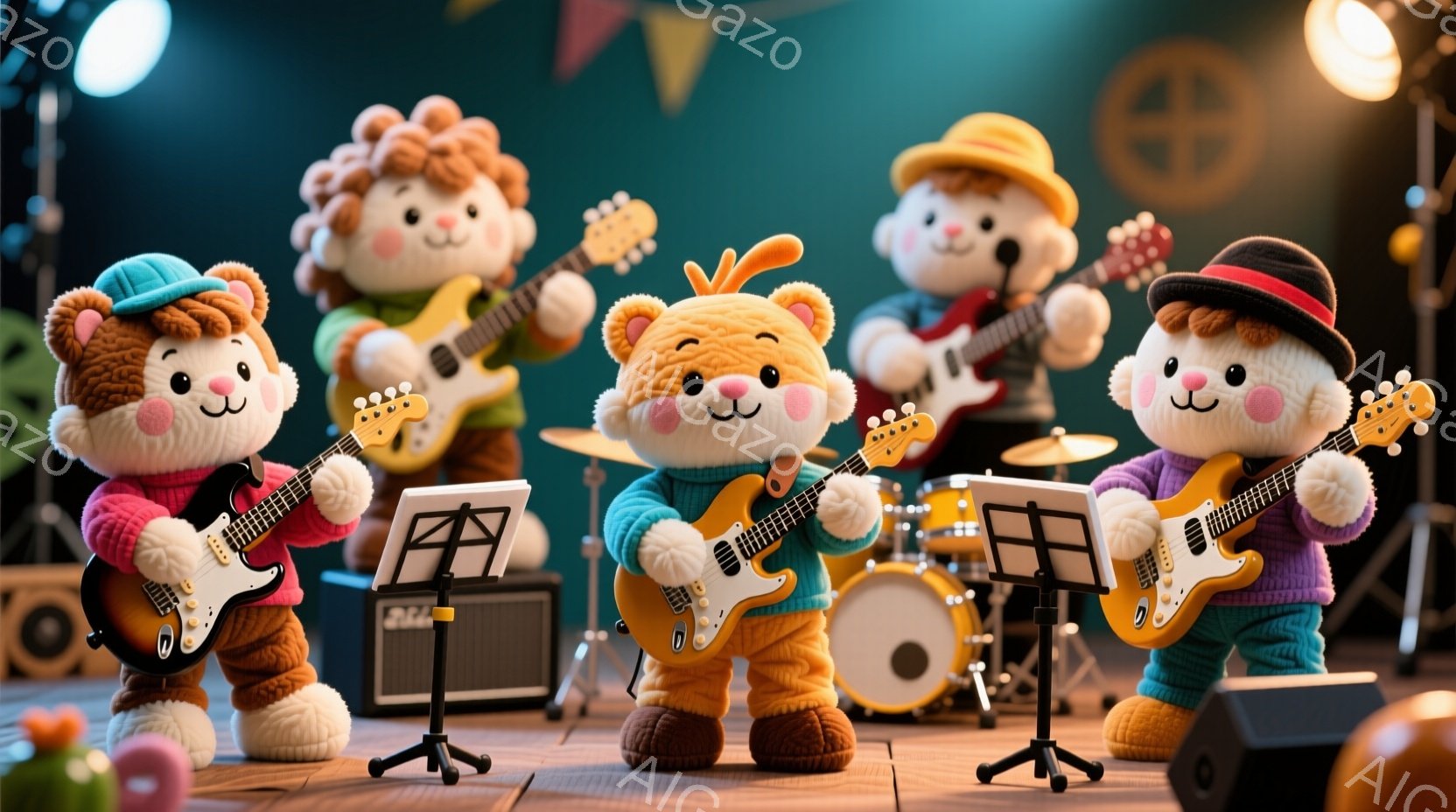ぬいぐるみのような茶色のクマたちが、ステージ上で楽器を演奏しています。彼らはそれぞれ異なる色のセーターを着ており、帽子をかぶったクマもいます。背景にはドラムセットやアンプ、譜面台があり、ステージはコンサート会場のような雰囲気です。