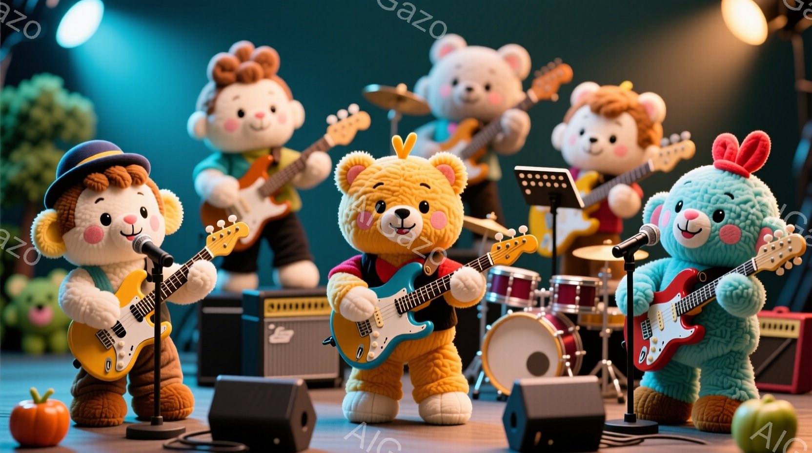 舞台上には、テディベアのバンドが演奏しています。各クマは楽器を持っており、オレンジ色のクマはギターを弾き、別のクマはドラムを演奏しています。背景にはスピーカーや植物があり、カラフルで明るい雰囲気で、楽しげなコンサートの様子が表現されています。