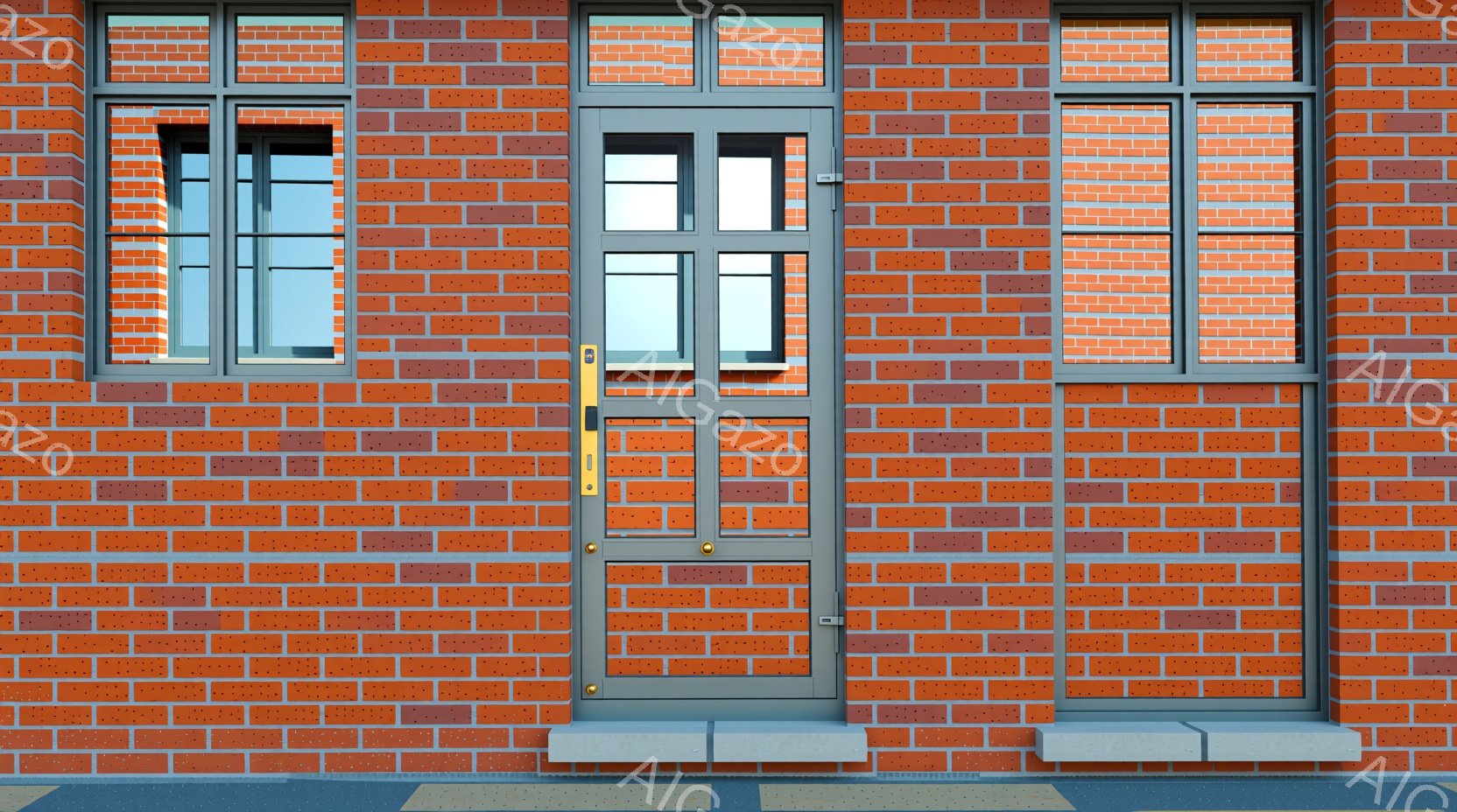 レンガ造りの壁に灰色のドアと窓が並んでいる。ドアは中央に位置し、真鍮色の取っ手と覗き窓が付いている。地面には青いラインが入った歩道があり、全体的に落ち着いた雰囲気の建物の一部である。