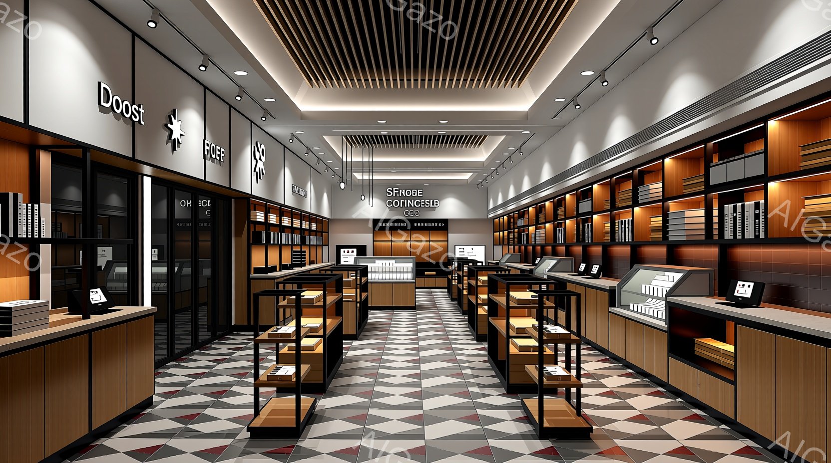 未人工知能AIが生成したイメージで、中古典的な室内装飾のストアには、数名の擬似的な人物があります。彼らは着物や販売員として設定されており、店舗内で業務を行っているように見えます。照明は優れた品質であり、様々な家具や品物が目立つデザインのストアです。