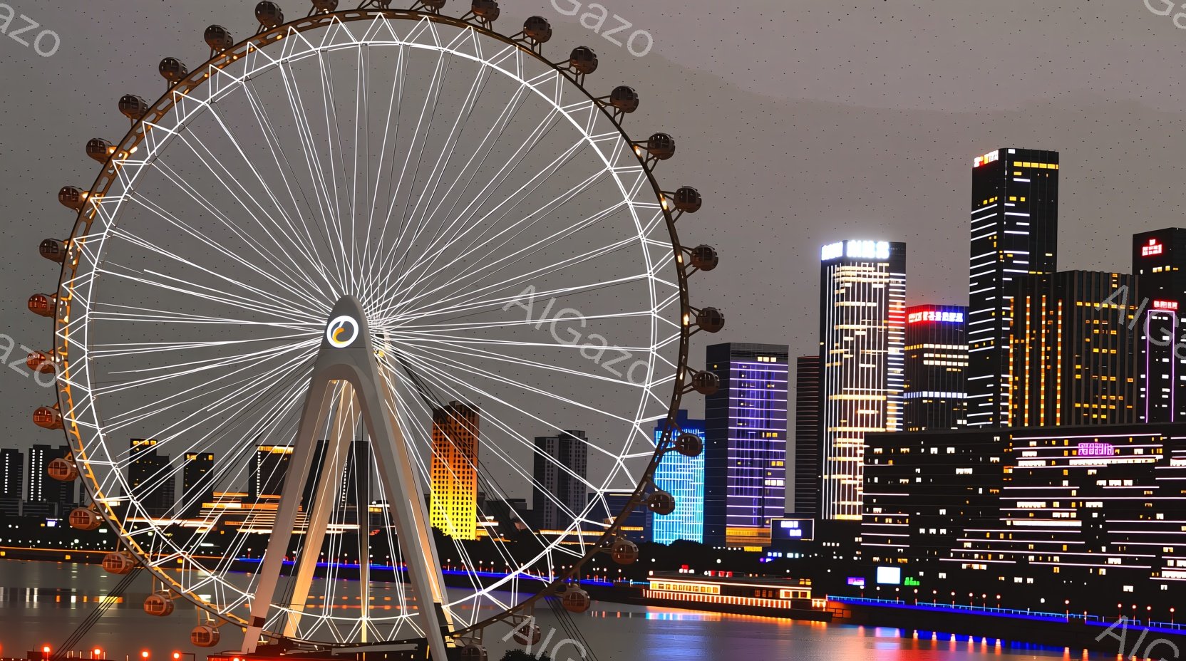 夜空を背景に巨大な観覧車が輝いている。観覧車は鮮やかな光で照らされ、都市のスカイラインを彩っている。背後には高層ビル群が立ち並び、水面に光が反射して幻想的な雰囲気を醸し出している。