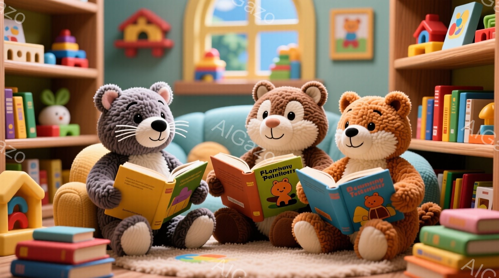 ３匹のテディベアがソファーに座って本を読んでいます。左のクマはグレー、中央は茶色、右は金色で、それぞれ異なる色合いの毛並みを持っています。背景には、積み木や本棚、おもちゃがあり、明るくカラフルな子供部屋の雰囲気です。