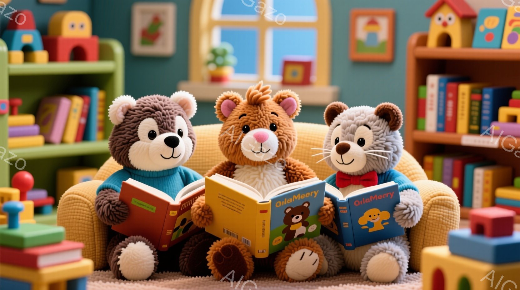 ぬいぐるみのようなクマ3匹が、明るい色のソファに座って本を読んでいます。それぞれのクマは異なる毛色で、明るい表情で本に集中しており、部屋にはカラフルな積み木や本棚があり、子供部屋のような温かく楽しい雰囲気が漂っています。背景はパステルカラーで統一され、全体的に柔らかく可愛らしい印象を与えます。