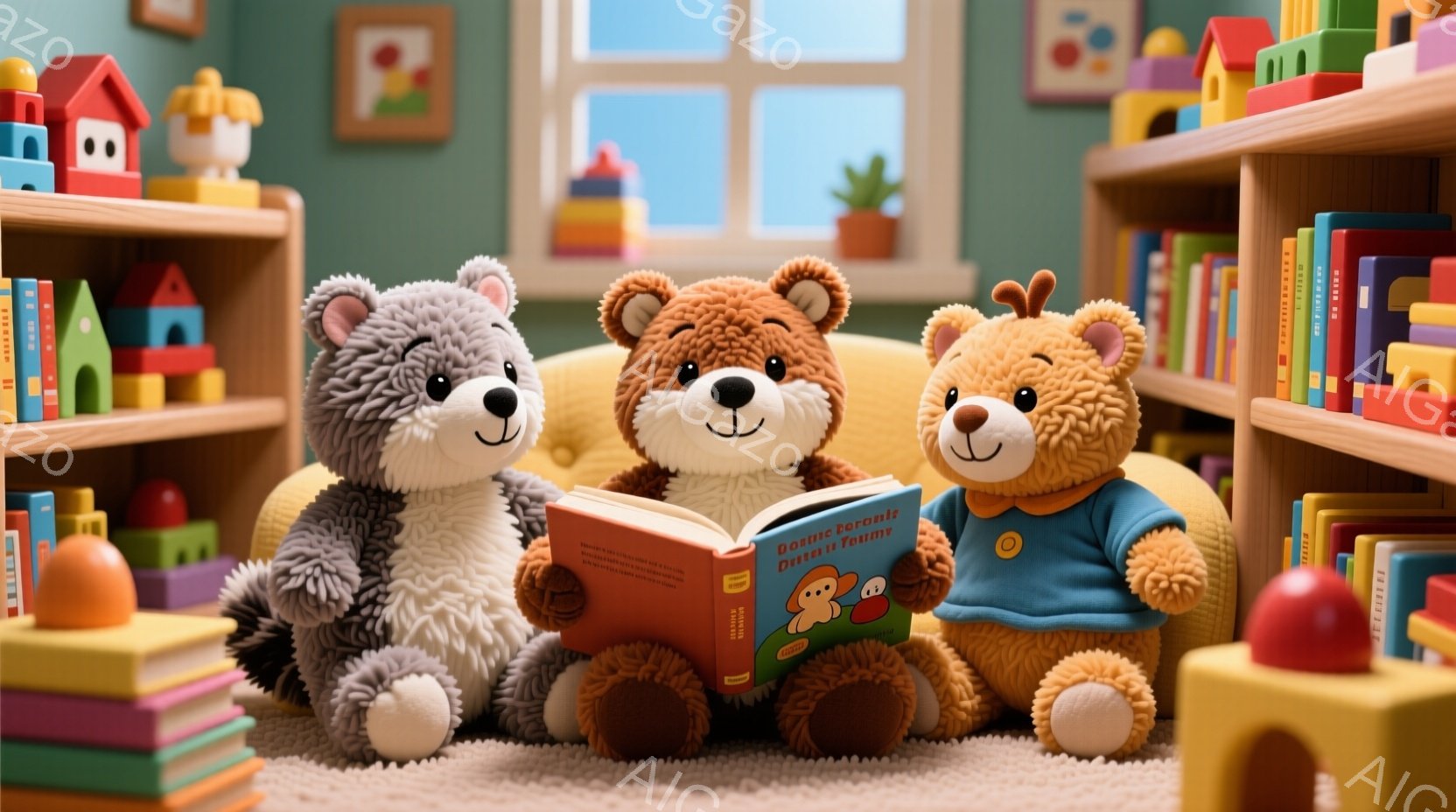 ３匹のテディベアがカラフルな部屋で本を読んでいます。中央のクマは赤いセーターを着て、膝の上に本を開いており、他の２匹は青とオレンジ色の服を着て、興味深そうに本を覗き込んでいます。背景には積み木や絵画が - AI生成フリー素材