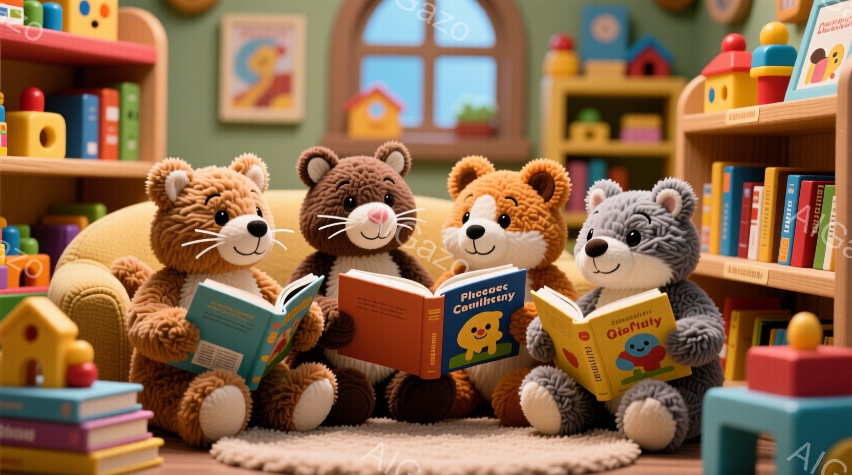 暖炉のある居間のような背景で、三匹のテディベアがソファーに座って本を読んでいます。クマたちはそれぞれ茶色、濃い茶色、そしてグレーの色をしており、同じようにリラックスした表情をしています。背景には本棚と - AI生成フリー素材