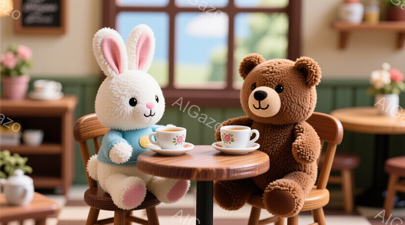 白いウサギと茶色のクマのぬいぐるみがお茶を飲んでいます。ウサギは水色のセーターを着て、ピンク色の靴を履いており、クマは何も身に着けていません。背景には窓があり、緑の風景が見え、暖かく、居心地の良いカフェのような雰囲気です。