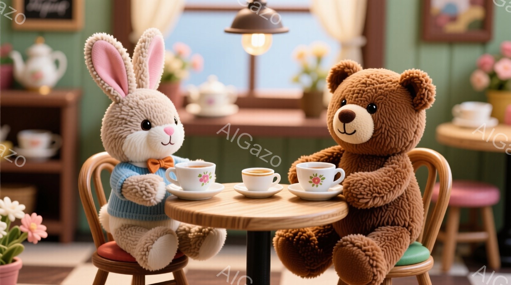 ふわふわの茶色のクマとウサギがカフェで向かい合って座り、小さなテーブルでティーカップに入った飲み物を楽しんでいます。ウサギは青いセーターを着ており、クマは可愛らしい表情をしています。背景には、花が飾られた棚や窓があり、温かく居心地の良いカフェの雰囲気を醸し出しています。