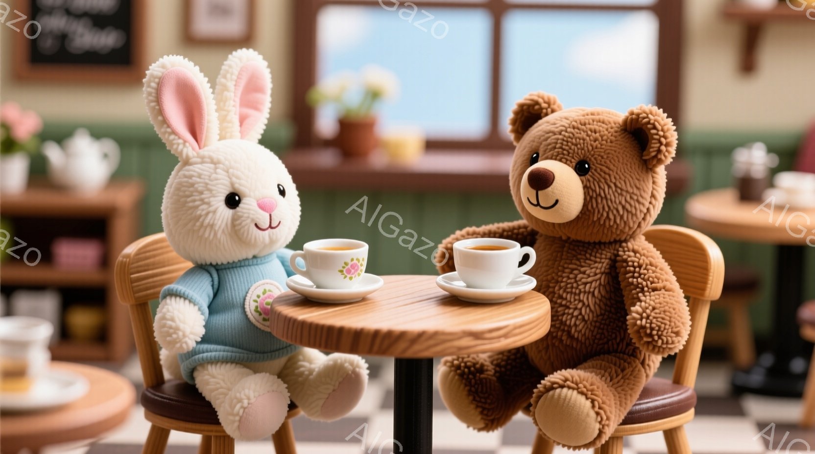 ふわふわの白いウサギと茶色のクマが、カフェの丸テーブルで向かい合って座り、小さなティーカップに入った飲み物を楽しんでいます。ウサギは水色のセーターを着て、クマはゆったりと座って穏やかな表情を浮かべています。背景にはチェック柄の床、木製の家具、窓から見える青空と緑の植物が見え、温かく、居心地の良いカフェの雰囲気が漂っています。
