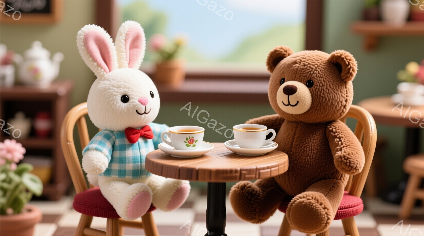 白いウサギと茶色のテディベアがカフェのテーブルで向かい合って座っており、それぞれにティーカップとソーサーが置かれている。ウサギはチェック柄のシャツと赤い蝶ネクタイをつけ、テディベアはシンプルな姿で、両者とも穏やかな表情をしている。背景には、植物が飾られた棚と窓から見える緑豊かな風景が広がり、温かく居心地の良い雰囲気を醸し出している。