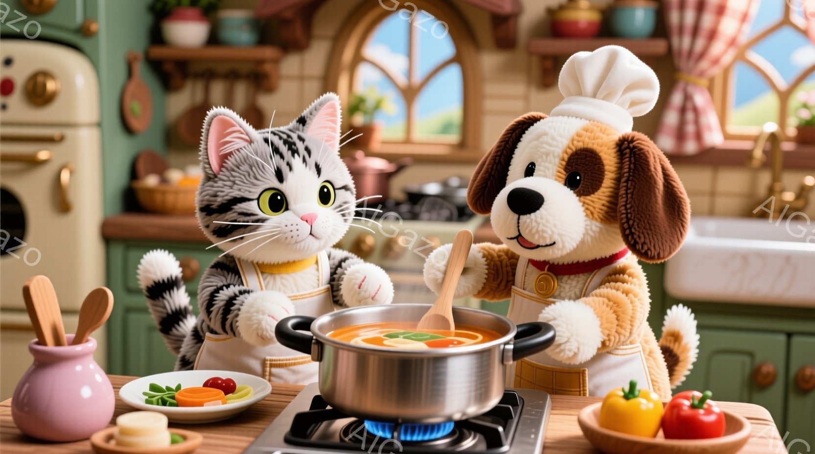 キッチンを舞台に、料理人の格好をした猫と犬が鍋をかき混ぜています。猫は白黒模様でエプロンをつけ、犬は茶色い毛並みで同じようにエプロンをつけています。背景には緑色のキャビネットや窓から見える風景が見え、暖かく家庭的な雰囲気です。