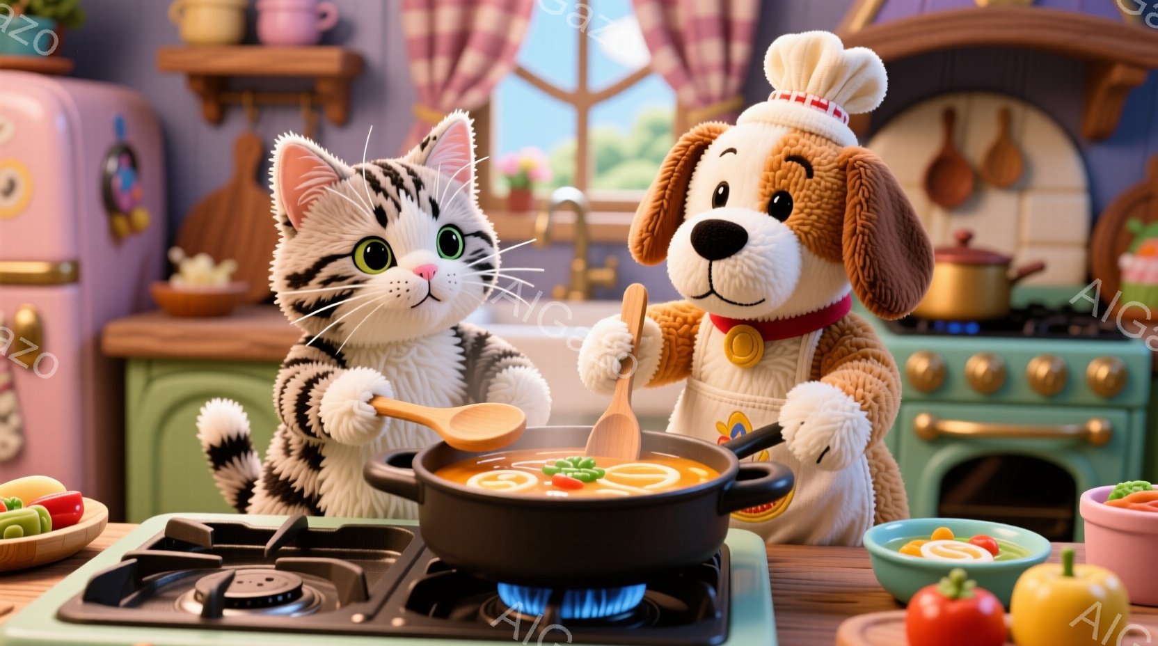 白と黒の縞模様の猫と、シェフの帽子をかぶった茶色の犬がキッチンで料理をしている様子が描かれています。猫は木製のスプーンを持って鍋を覗き込み、犬はもう一つのスプーンで鍋の中身をかき混ぜています。背景には、調理器具や野菜が置かれたカウンタートップ、そして窓から見える明るい風景があり、全体的に温かく楽しい雰囲気が漂っています。