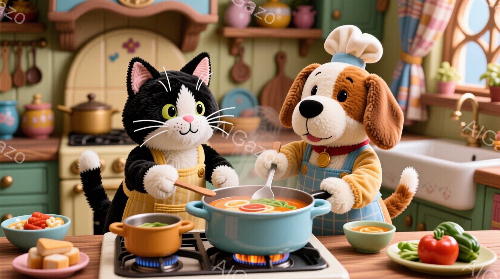 黒と白の猫と茶色の犬がエプロンを着て、キッチンで料理をしている様子が描かれています。猫は左手にスパチュラを持ち、犬は鍋の中身をスプーンでかき混ぜています。背景にはガスコンロ、ボウルに入ったスープ、新鮮な野菜が並び、暖かく家庭的な雰囲気が漂っています。
