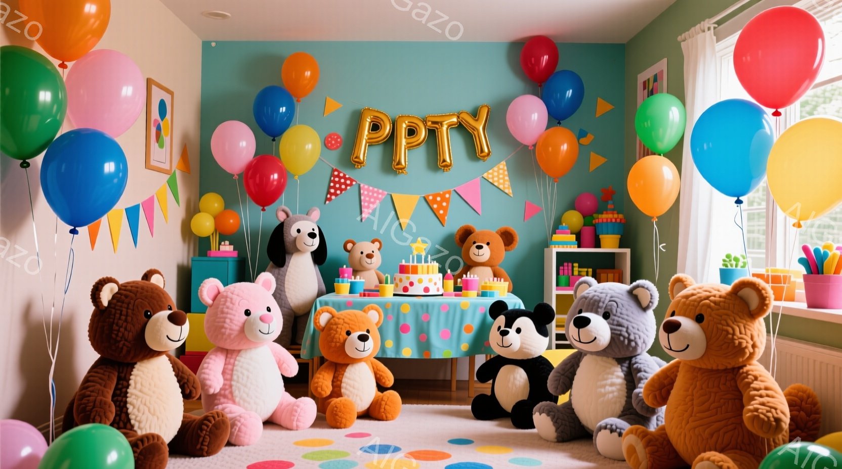 鮮やかな緑色の壁を背景に、たくさんのテディベアがお祝いのテーブルを囲んで座っています。テーブルの上にはケーキとカラフルなカップケーキが並び、背景には「HAPPY」と書かれた金色のバナーと、カラフルな三角形のガーランドが飾られています。全体的に明るく、お祝いムードに満ちた、子供の誕生日パーティーのようです。