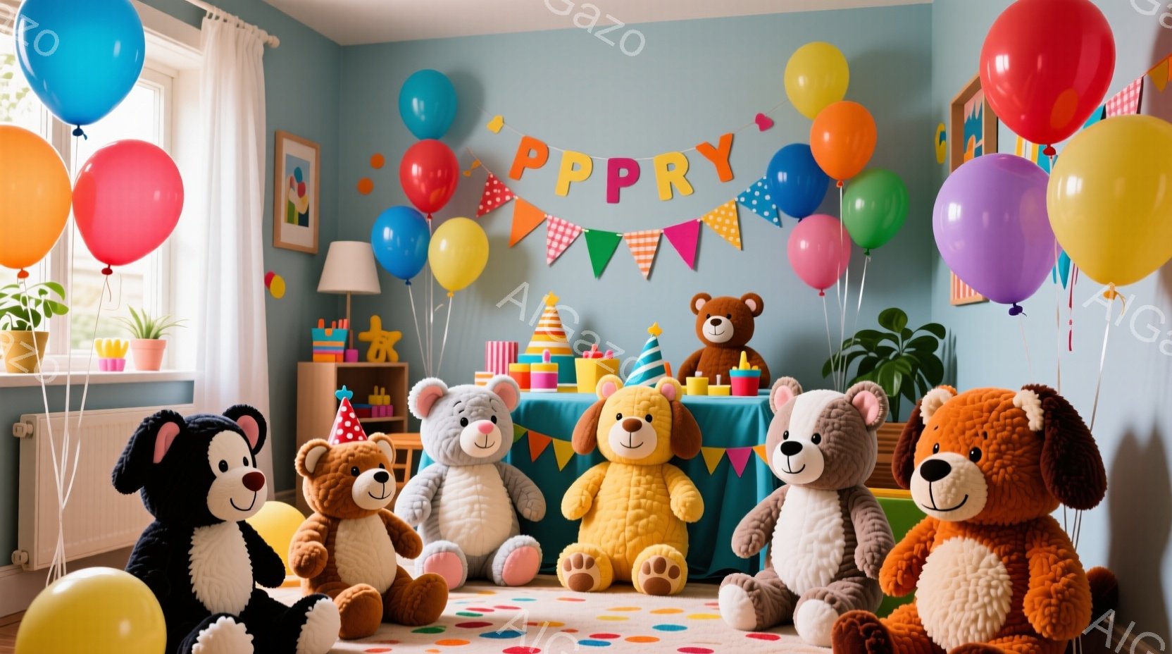 鮮やかな青色の壁を背景に、様々な色の風船とカラフルな旗が飾られた部屋の中で、たくさんのテディベアが円状に座っています。テディベアたちはそれぞれ異なる色と毛並みで、楽しそうな表情を浮かべており、一部には - AI生成フリー素材