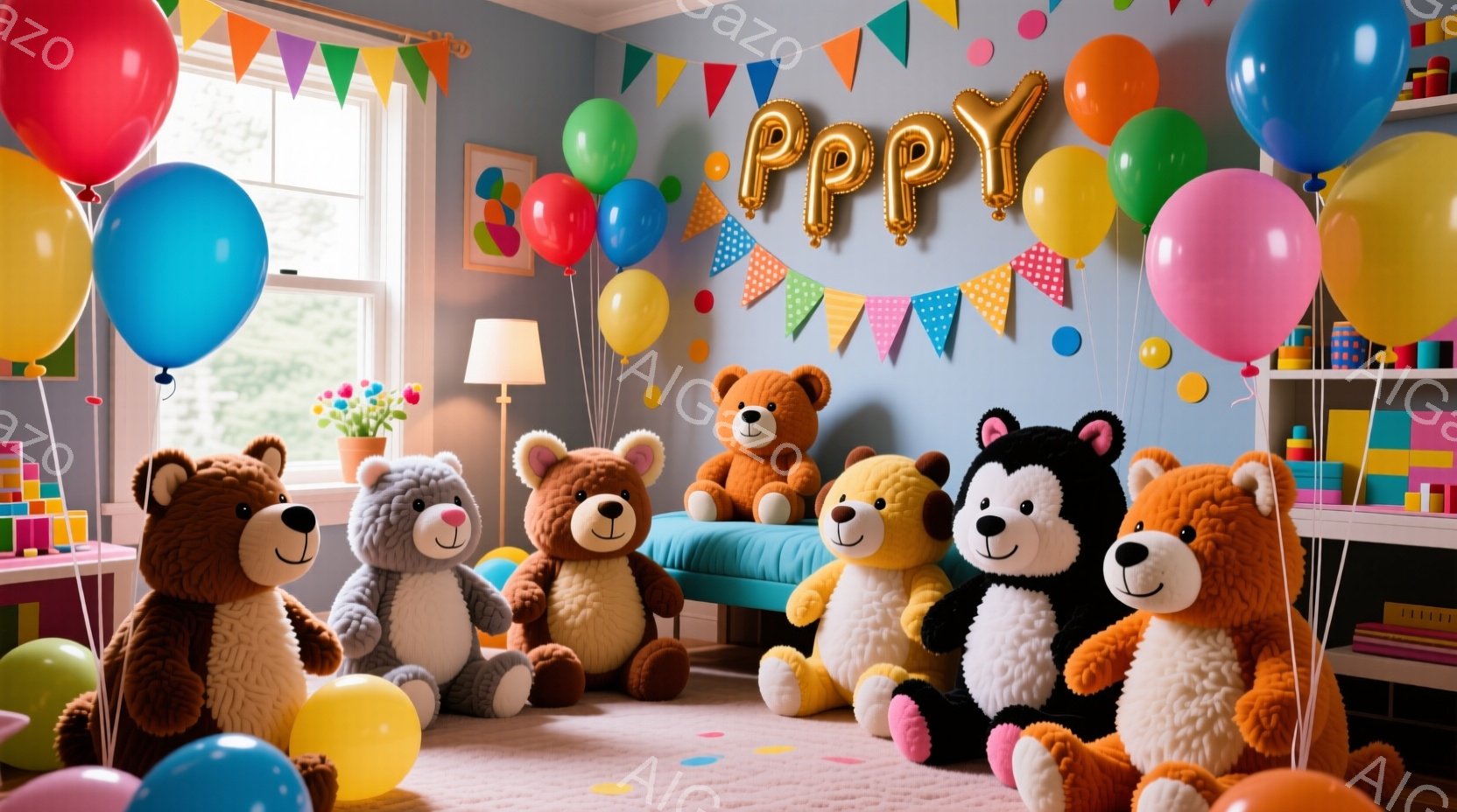 部屋には、さまざまな色の大きなテディベアが円形に座っており、楽しげな雰囲気を醸し出しています。背景には、カラフルな旗飾りやバルーンが飾られ、壁には「PPY」の文字が輝いています。部屋全体は明るく、お祝いムードに満ち溢れており、子供の誕生日パーティーのようです。