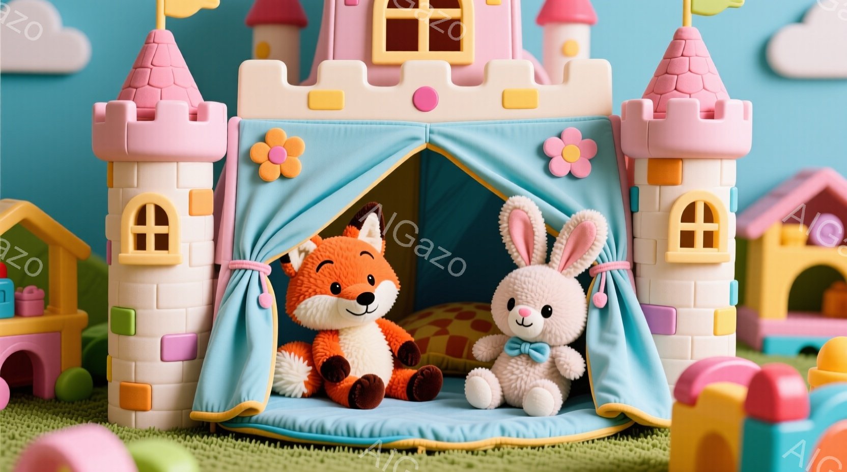 鮮やかなプラスチック製の城の中で、ふわふわのオレンジ色のキツネのぬいぐるみと白いウサギのぬいぐるみが寄り添って座っています。キツネは少し微笑んでおり、ウサギは首に青いリボンをつけています。背景には緑色の芝生、カラフルな積み木、そしてパステルカラーの雲が浮かぶ青空が広がっており、おとぎ話のような温かく夢幻的な雰囲気が漂っています。