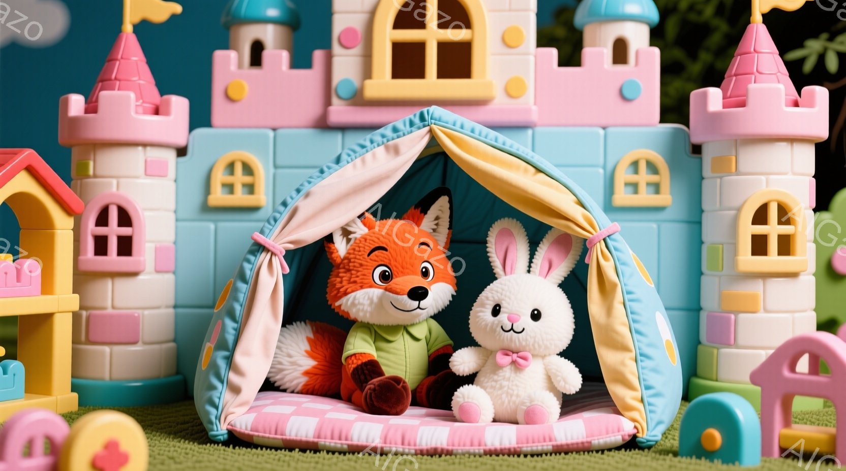 明るい緑の芝生の上に、お城のようなプラスチックのおもちゃが並び、その中にオレンジ色のキツネのぬいぐるみと白いウサギのぬいぐるみが座っています。キツネは緑のセーターを着ており、ウサギはピンクの蝶ネクタイを付けており、どちらも穏やかな表情をしています。全体的に、可愛らしく、夢のような雰囲気の、子供向けの遊び空間を写した画像です。