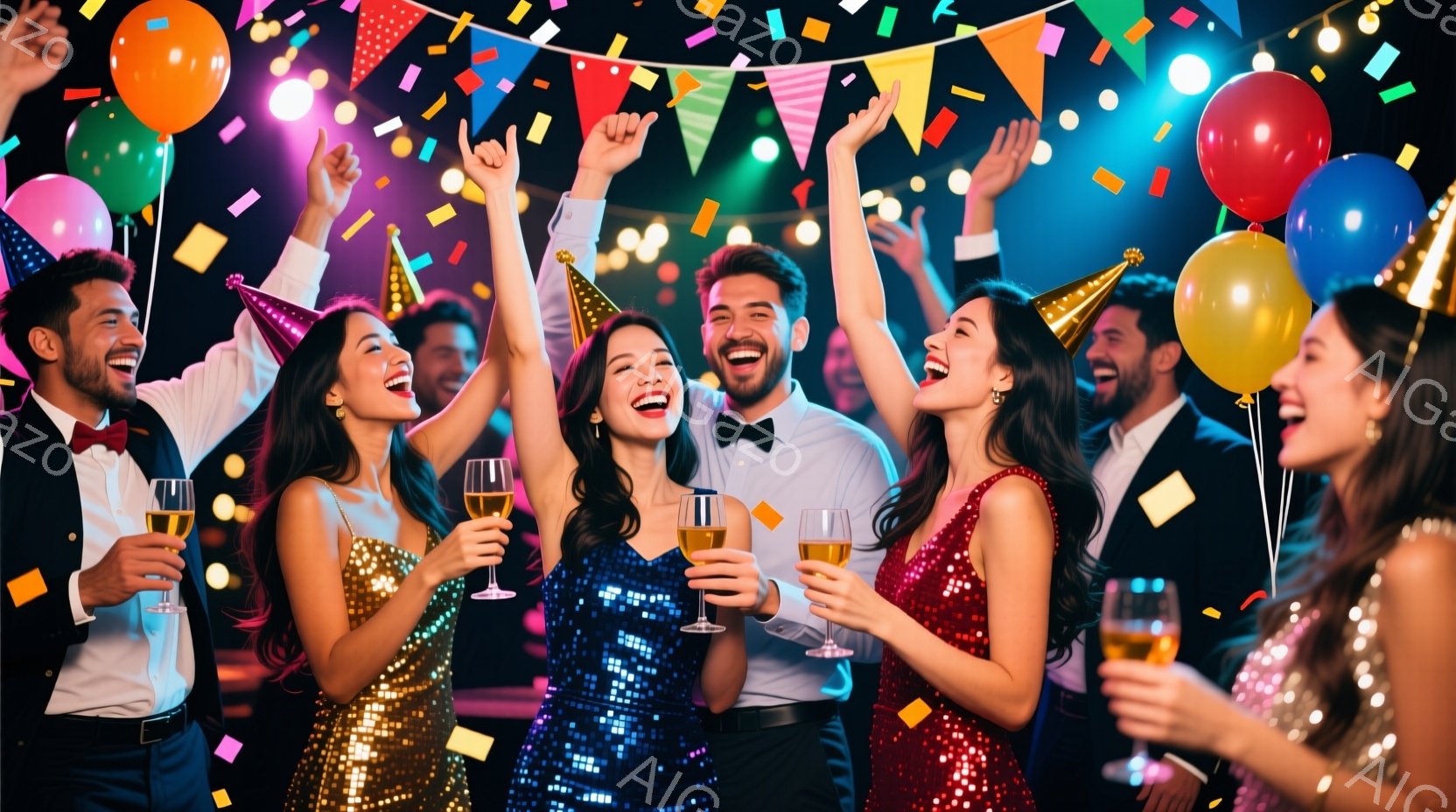 パーティーを楽しむ人々が写っています。人々は華やかなドレスやスーツを着ており、顔には笑顔が溢れています。背景にはカラフルなリボンや風船、そしてライトがあり、お祝いの雰囲気を高めています。 - AI生成フリー素材