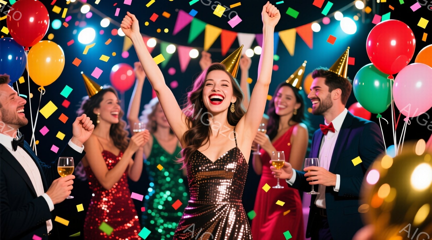 複数の人々がパーティーを楽しんでいる様子が写っています。女性はキラキラとしたドレスを着て両手を高く上げ、喜びの表情を浮かべています。背景にはカラフルな風船や紙吹雪が舞い、華やかで活気のある雰囲気が漂っ - AI生成フリー素材