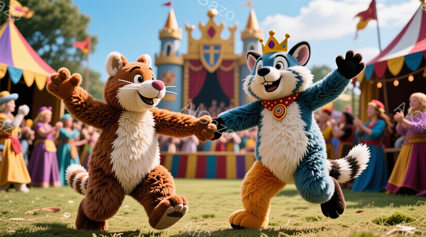 広大な緑の芝生の上で、茶色のクマと青いキツネの着ぐるみが手を繋いで楽しそうにジャンプしている。背景にはカラフルなテントと城があり、多くの人々が歓声を上げながら彼らを見守っている、晴天で明るいお祭りやイベントの雰囲気を感じさせる。両者の表情は笑顔に満ちており、喜びと興奮が伝わってくる。