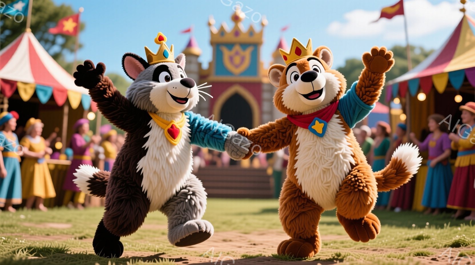 2匹の動物のキャラクターが手をつないで、楽しそうに跳ねています。彼らはそれぞれ、王冠とメダルのついた青いマントを羽織っており、満面の笑みを浮かべています。背景には、カラフルなテントや衣装を着た人々がおり、お城のような建物が見え、晴れた空の下、お祭り騒ぎのような活気のある雰囲気が漂っています。