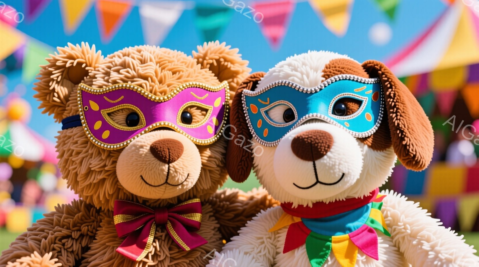 ぬいぐるみである茶色の熊とクリーム色の犬が並んで立っており、それぞれ紫と青の仮面をつけています。熊は赤いリボンを結び、犬はカラフルなスカーフを首に巻いており、お祭りかイベントの賑やかな背景がぼやけて見えます。全体的に、陽気で遊び心のある雰囲気で、楽しい時間を示唆しています。