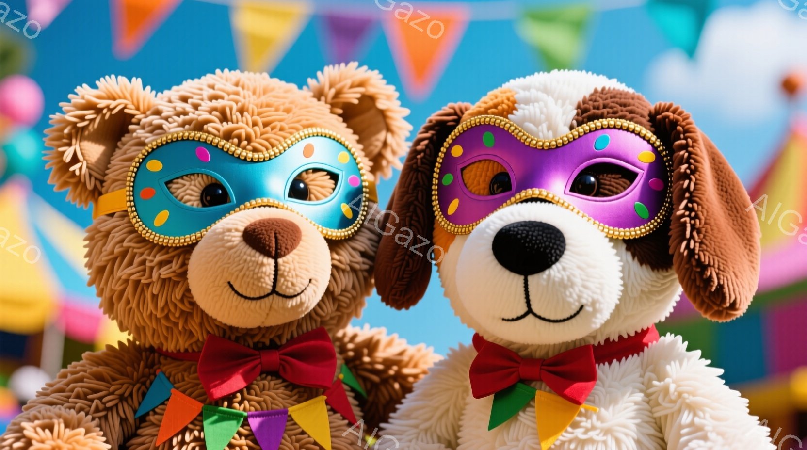 ふわふわのテディベアと犬のぬいぐるみが寄り添って写っています。どちらもカラフルな水玉模様のリボンと、キラキラした縁取りの仮面をつけています。背景には、カラフルな旗が飾られた明るい空が広がり、お祭りやパーティーのような楽しい雰囲気を醸し出しています。